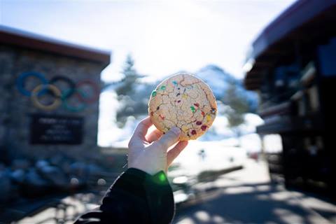 A hand holds up a sugar cookie with mountains in the background. 