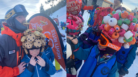 Unique helmet creations worn by Team Palisades Tahoe Mighty Mites. 