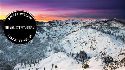 A scenic sunset at Alpine Meadows with the Wall Street Journal accolades logo as an overlay. 