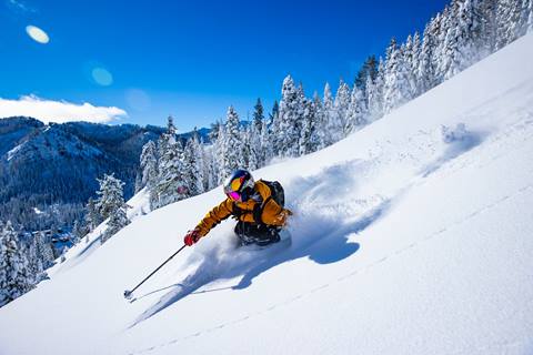 Skier skiing in deep powder. 