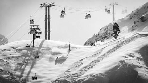 Black and White photography of KT at Palisades on a powder day.