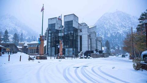 Fresh snow on the Aerial Tram building.