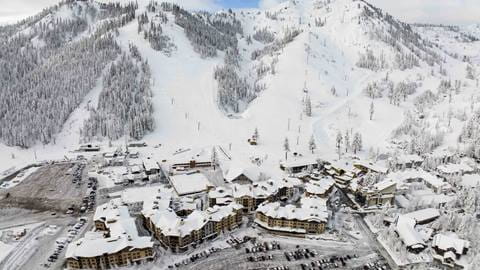 A view of The Village at Palisades Tahoe from above. 