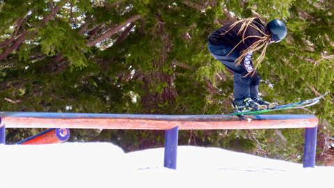 A skier hitting a rail in the Gold Coast Terrain Park. 