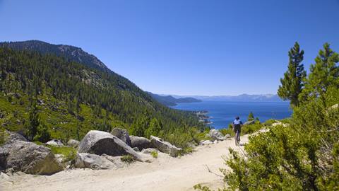 A biker on Incline Village, Nevada's East Shore Bike Path. 