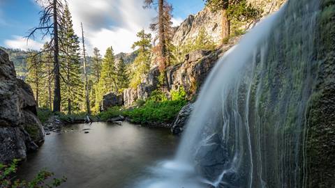 Waterfall flowing off the Shirley Canyon Trail in Olympic Valley in Summer 2021